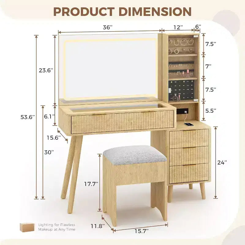 Coiffeuse avec miroir lumineux, table de maquillage avec station de charge et armoire à bijoux, ensemble coiffeuse avec plateau en verre et tabouret de rangement pour chambre à coucher