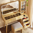 Coiffeuse avec miroir lumineux, table de maquillage avec station de charge et armoire à bijoux, ensemble coiffeuse avec plateau en verre et tabouret de rangement pour chambre à coucher