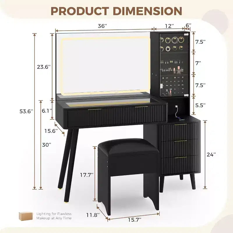 Coiffeuse avec miroir lumineux, table de maquillage avec station de charge et armoire à bijoux, ensemble coiffeuse avec plateau en verre et tabouret de rangement pour chambre à coucher