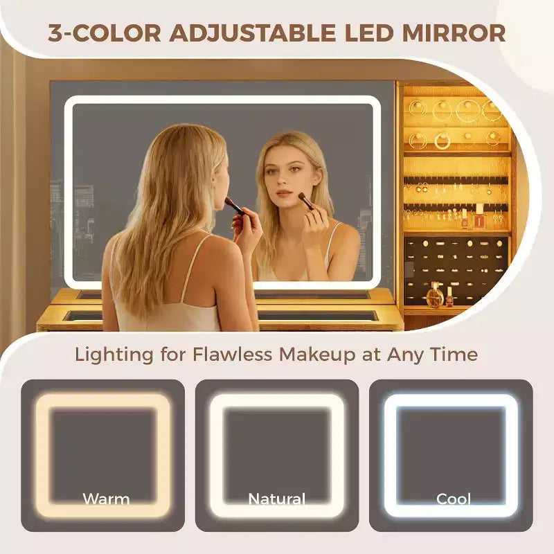 Coiffeuse avec miroir lumineux, table de maquillage avec station de charge et armoire à bijoux, ensemble coiffeuse avec plateau en verre et tabouret de rangement pour chambre à coucher