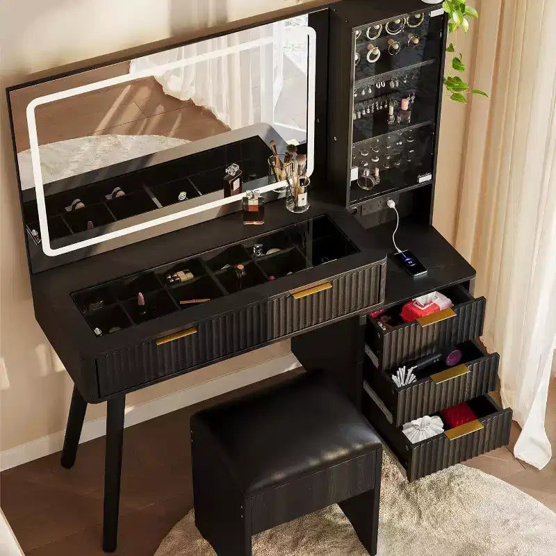 Coiffeuse avec miroir lumineux, table de maquillage avec station de charge et armoire à bijoux, ensemble coiffeuse avec plateau en verre et tabouret de rangement pour chambre à coucher