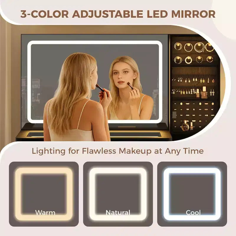 Coiffeuse avec miroir lumineux, table de maquillage avec station de charge et armoire à bijoux, ensemble coiffeuse avec plateau en verre et tabouret de rangement pour chambre à coucher