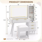 Coiffeuse avec miroir lumineux, table de maquillage avec station de charge et armoire à bijoux, ensemble coiffeuse avec plateau en verre et tabouret de rangement pour chambre à coucher