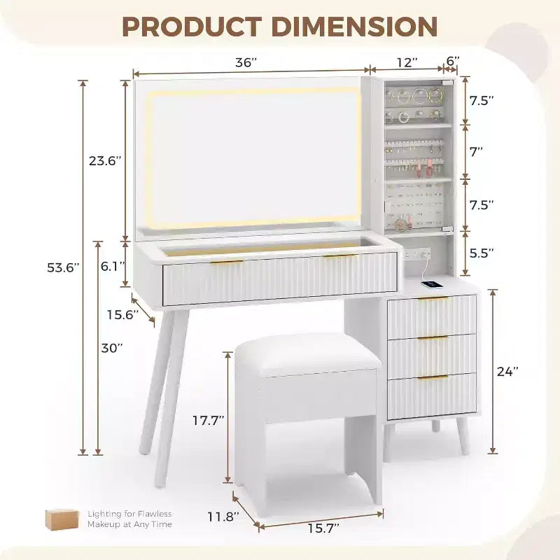 Coiffeuse avec miroir lumineux, table de maquillage avec station de charge et armoire à bijoux, ensemble coiffeuse avec plateau en verre et tabouret de rangement pour chambre à coucher