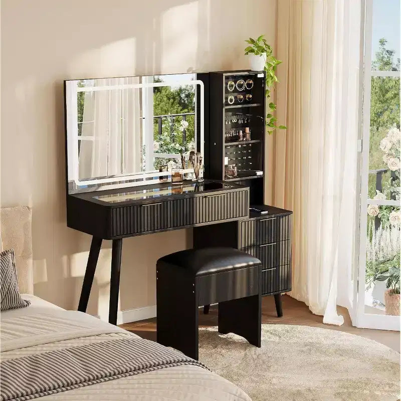 Vanity Desk with Lighted Mirror, Makeup Dressing Table with Charging Station & Jewelry Cabinet, Glass Top Vanity Set with Storage Stool for Bedroom