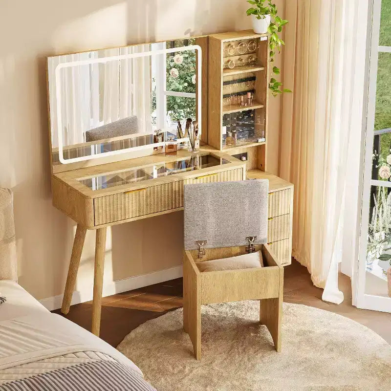 Coiffeuse avec miroir lumineux, table de maquillage avec station de charge et armoire à bijoux, ensemble coiffeuse avec plateau en verre et tabouret de rangement pour chambre à coucher