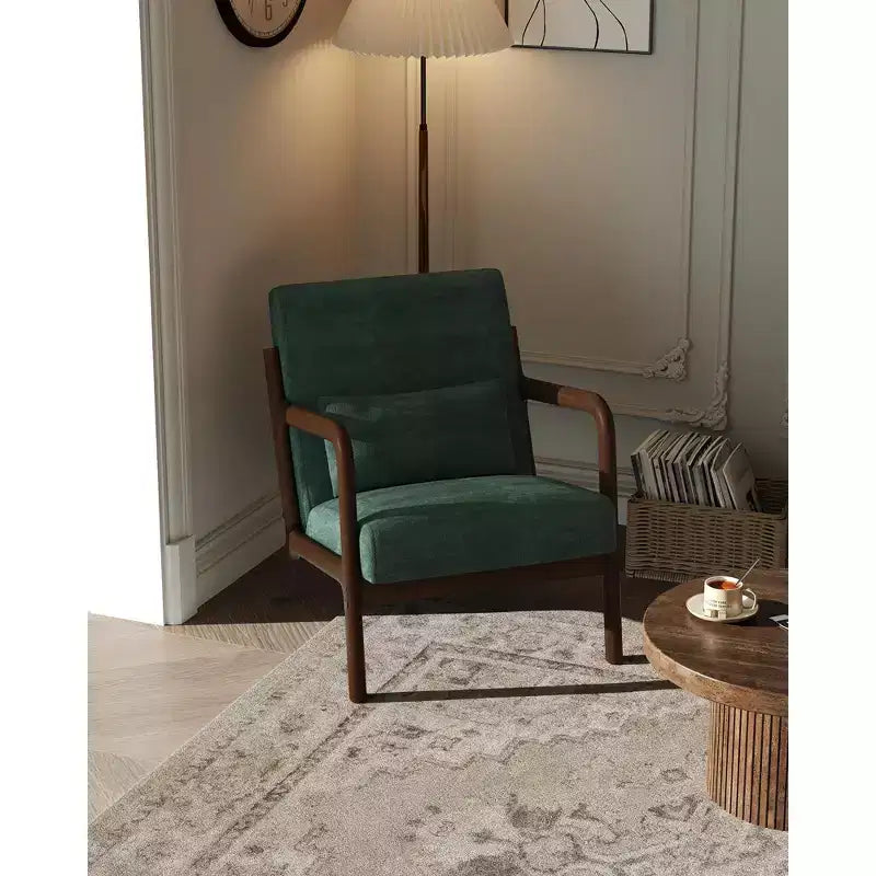 Fauteuil d'appoint moderne du milieu du siècle avec oreiller lombaire, revêtement en chenille et cadre en bois massif