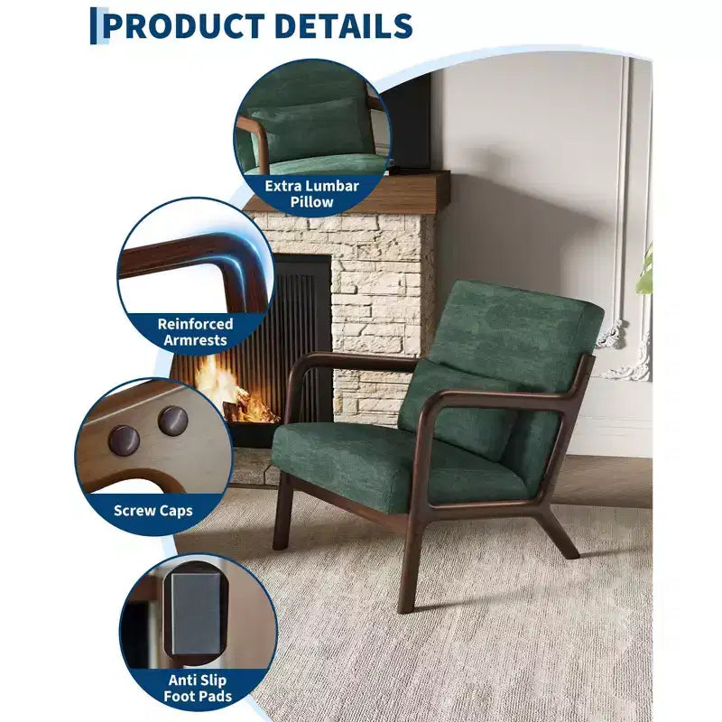 Fauteuil d'appoint moderne du milieu du siècle avec oreiller lombaire, revêtement en chenille et cadre en bois massif