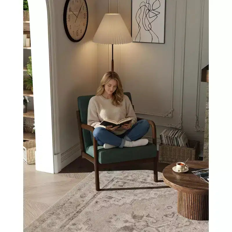 Fauteuil d'appoint moderne du milieu du siècle avec oreiller lombaire, revêtement en chenille et cadre en bois massif