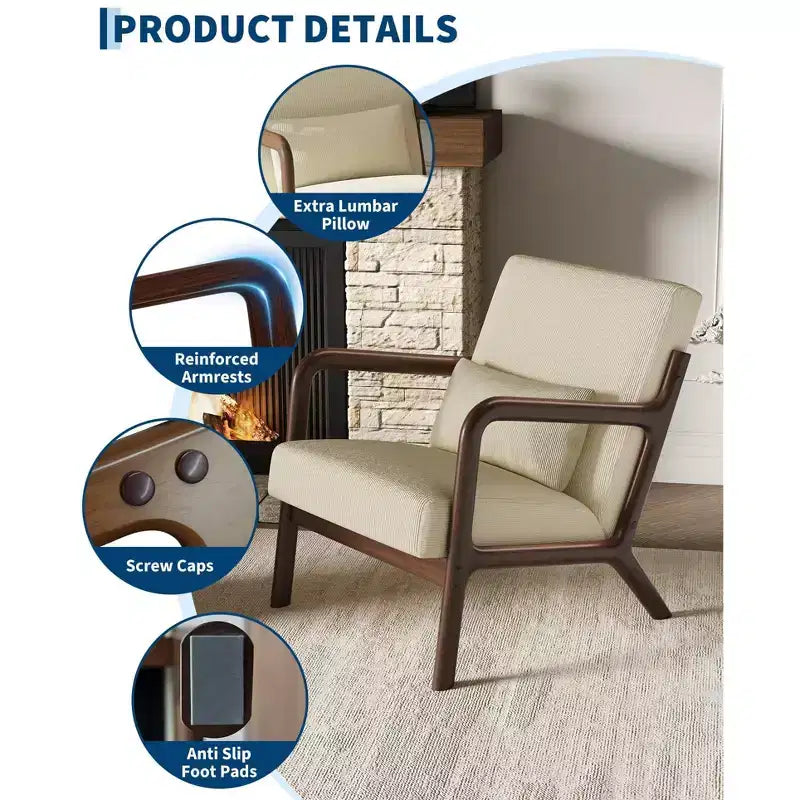 Fauteuil d'appoint moderne du milieu du siècle avec oreiller lombaire, revêtement en chenille et cadre en bois massif