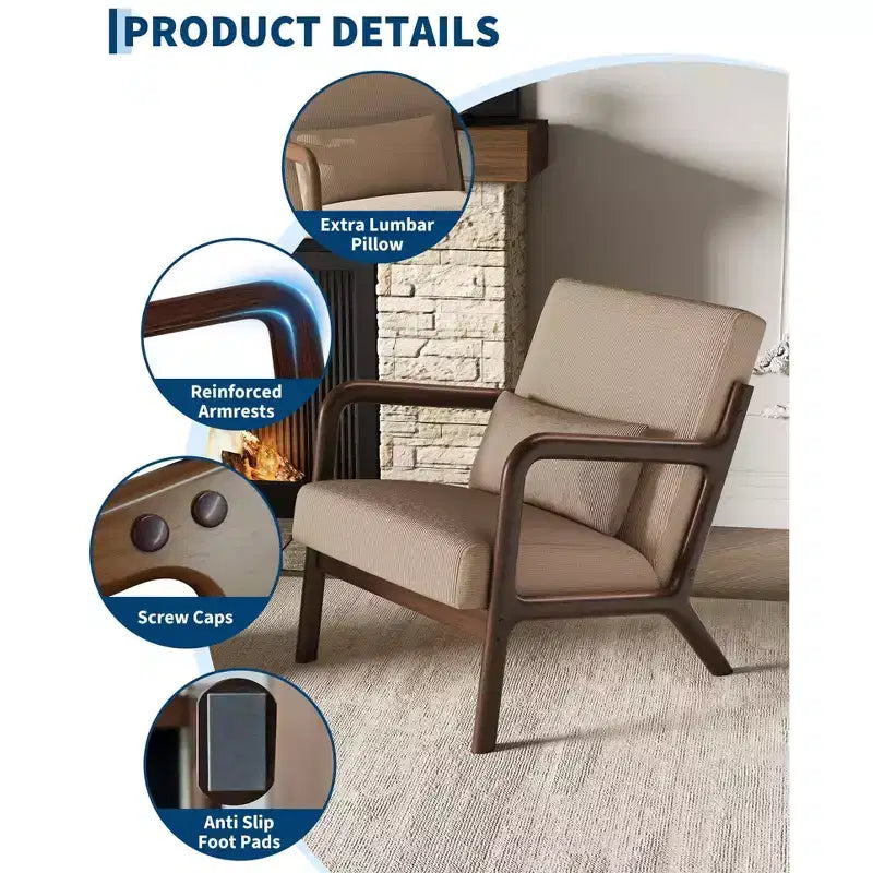 Fauteuil d'appoint moderne du milieu du siècle avec oreiller lombaire, revêtement en chenille et cadre en bois massif