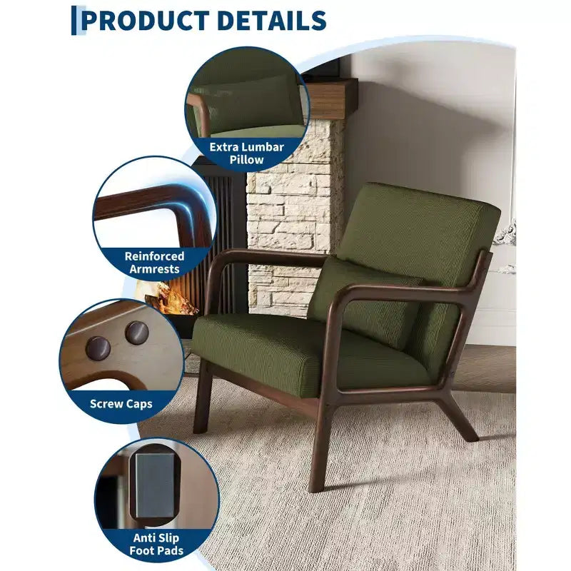 Fauteuil d'appoint moderne du milieu du siècle avec oreiller lombaire, revêtement en chenille et cadre en bois massif