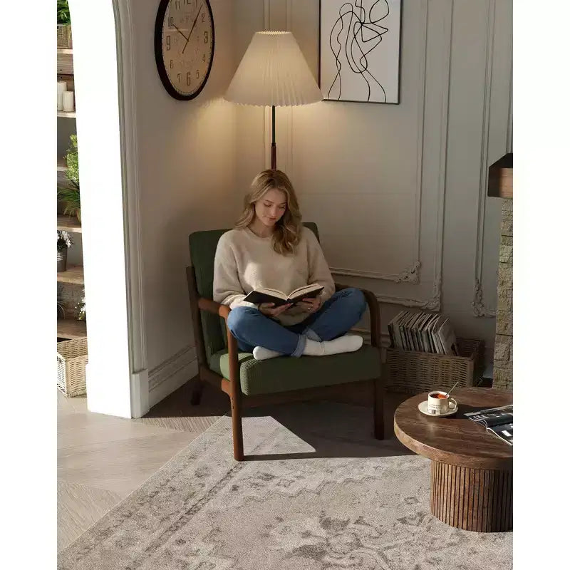 Fauteuil d'appoint moderne du milieu du siècle avec oreiller lombaire, revêtement en chenille et cadre en bois massif