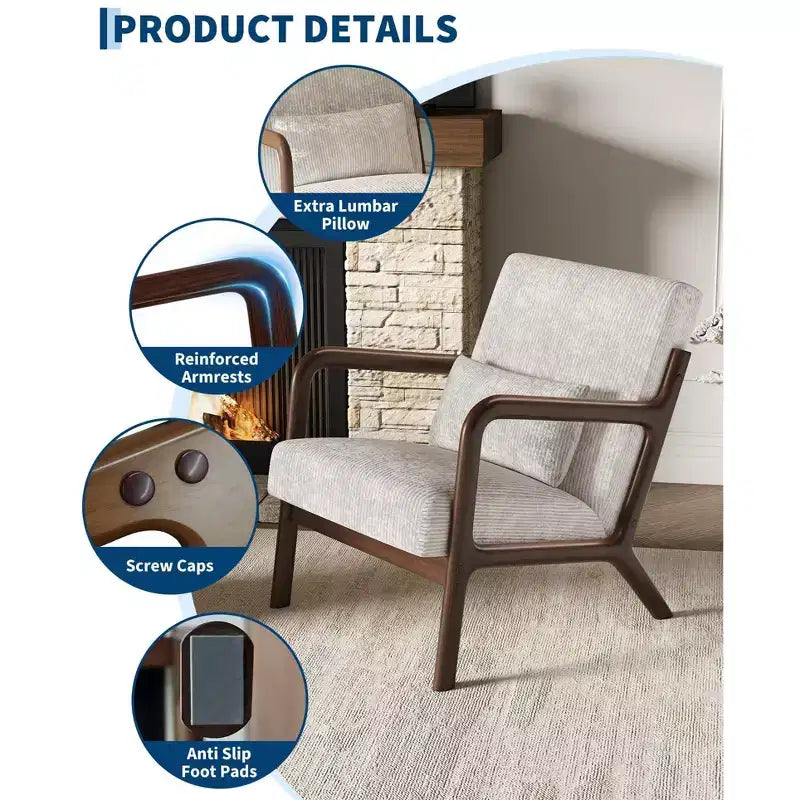 Fauteuil d'appoint moderne du milieu du siècle avec oreiller lombaire, revêtement en chenille et cadre en bois massif