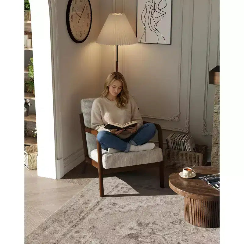 Fauteuil d'appoint moderne du milieu du siècle avec oreiller lombaire, revêtement en chenille et cadre en bois massif
