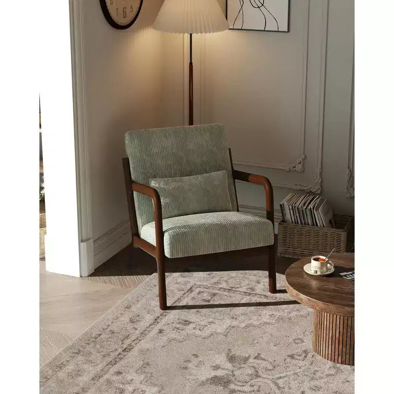 Fauteuil d'appoint moderne du milieu du siècle avec oreiller lombaire, revêtement en chenille et cadre en bois massif