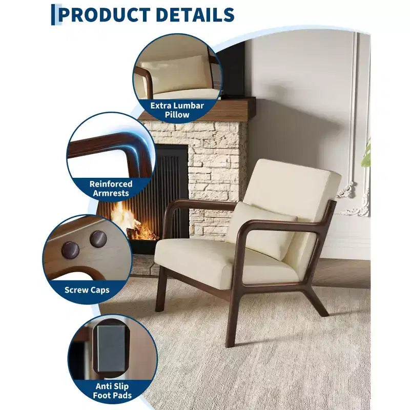 Fauteuil d'appoint moderne du milieu du siècle avec oreiller lombaire, revêtement en chenille et cadre en bois massif