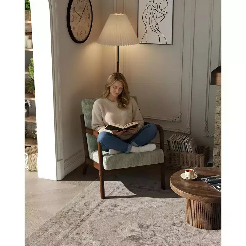 Fauteuil d'appoint moderne du milieu du siècle avec oreiller lombaire, revêtement en chenille et cadre en bois massif