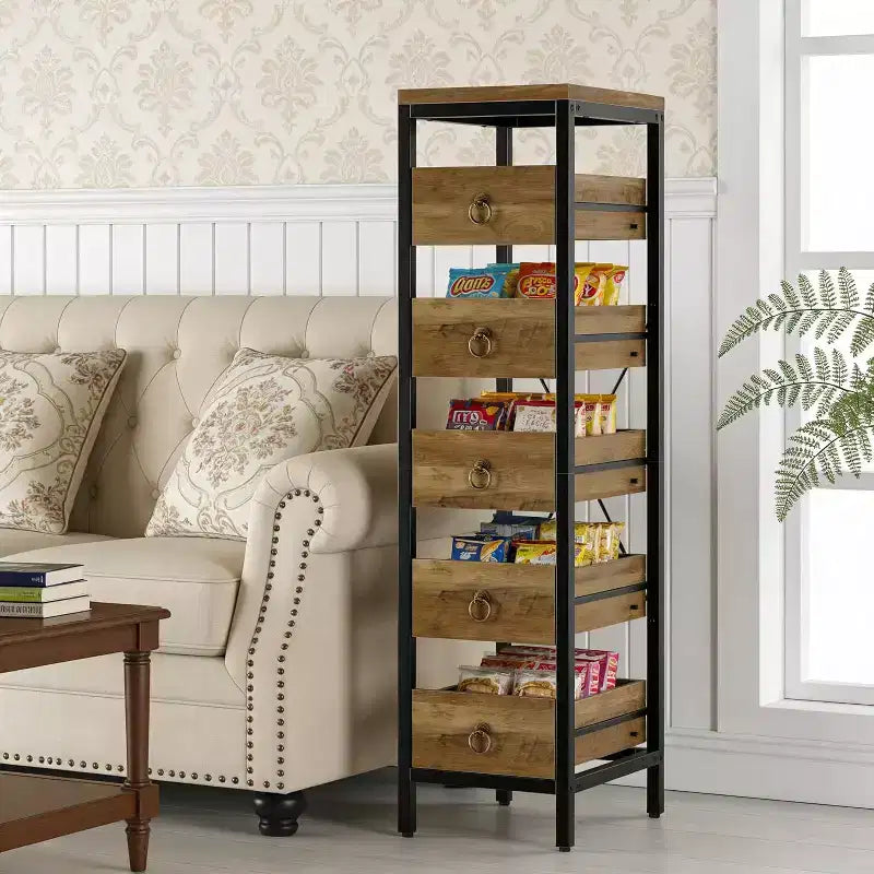 Étagère de rangement de cuisine pour fruits et légumes, support de présentation étroit à 5 niveaux avec 5 paniers tiroirs coulissants, pour la maison et le bureau