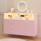 Pink Dresser 6 Drawers Wooden Dressers with Open Space, Modern Chest of Double Wide Drawers for Living Room, Entryway, Hallway TV Stand