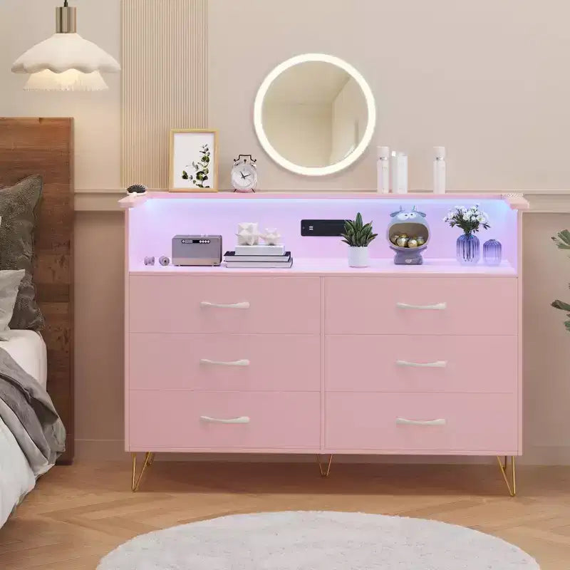 Commode rose à 6 tiroirs en bois avec espace ouvert, commode moderne double largeur pour salon, entrée, couloir ou meuble TV