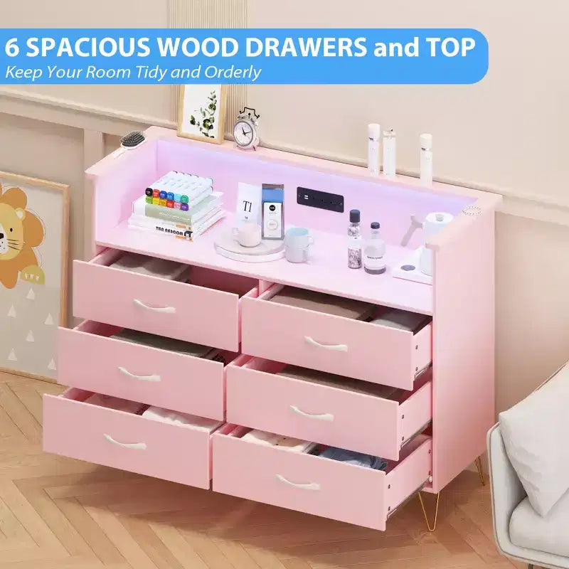 Commode rose à 6 tiroirs en bois avec espace ouvert, commode moderne double largeur pour salon, entrée, couloir ou meuble TV