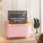 Commode rose à 6 tiroirs en bois avec espace ouvert, commode moderne double largeur pour salon, entrée, couloir ou meuble TV