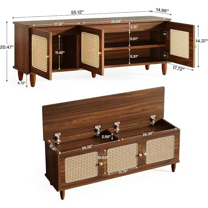Banc à chaussures Lantine 55 brun rustique avec plateau relevable, rangement à 2 niveaux, portes en rotin, rangement caché et siège pour entrée, couloir, salon.