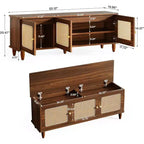 Banc à chaussures Lantine 55 brun rustique avec plateau relevable, rangement à 2 niveaux, portes en rotin, rangement caché et siège pour entrée, couloir, salon.