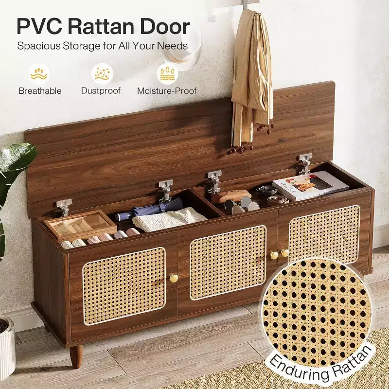 Banc à chaussures Lantine 55 brun rustique avec plateau relevable, rangement à 2 niveaux, portes en rotin, rangement caché et siège pour entrée, couloir, salon.