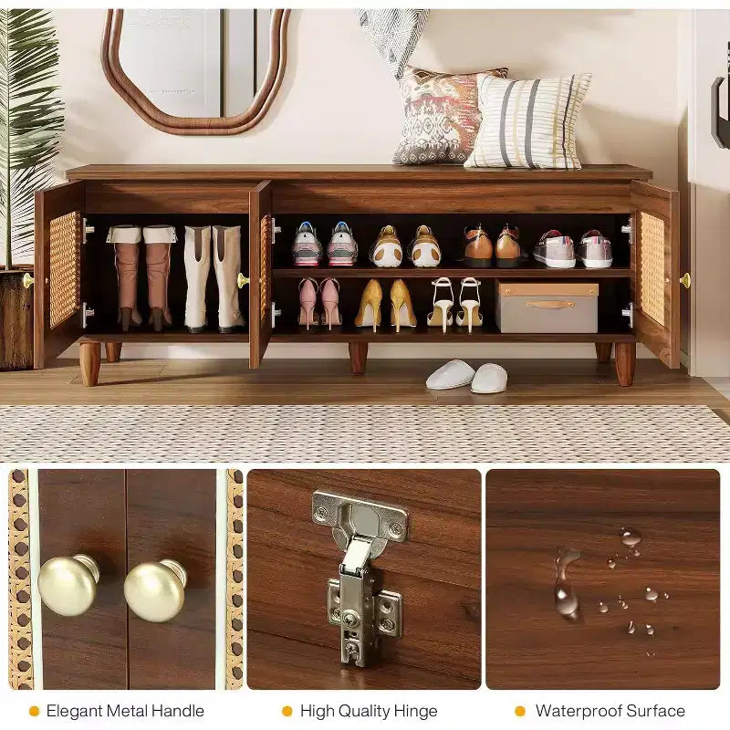 Banc à chaussures Lantine 55 brun rustique avec plateau relevable, rangement à 2 niveaux, portes en rotin, rangement caché et siège pour entrée, couloir, salon.