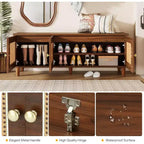 Banc à chaussures Lantine 55 brun rustique avec plateau relevable, rangement à 2 niveaux, portes en rotin, rangement caché et siège pour entrée, couloir, salon.