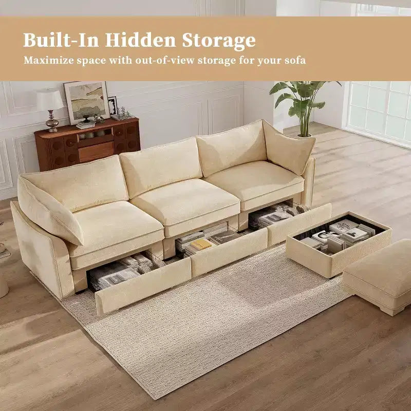 MooxvMoo Canapés de salon en chenille de 284 cm, canapé d'angle en forme de L avec rangement, canapé sectionnel avec tiroir coulissant et coussins décoratifs et pouf de rangement, blé