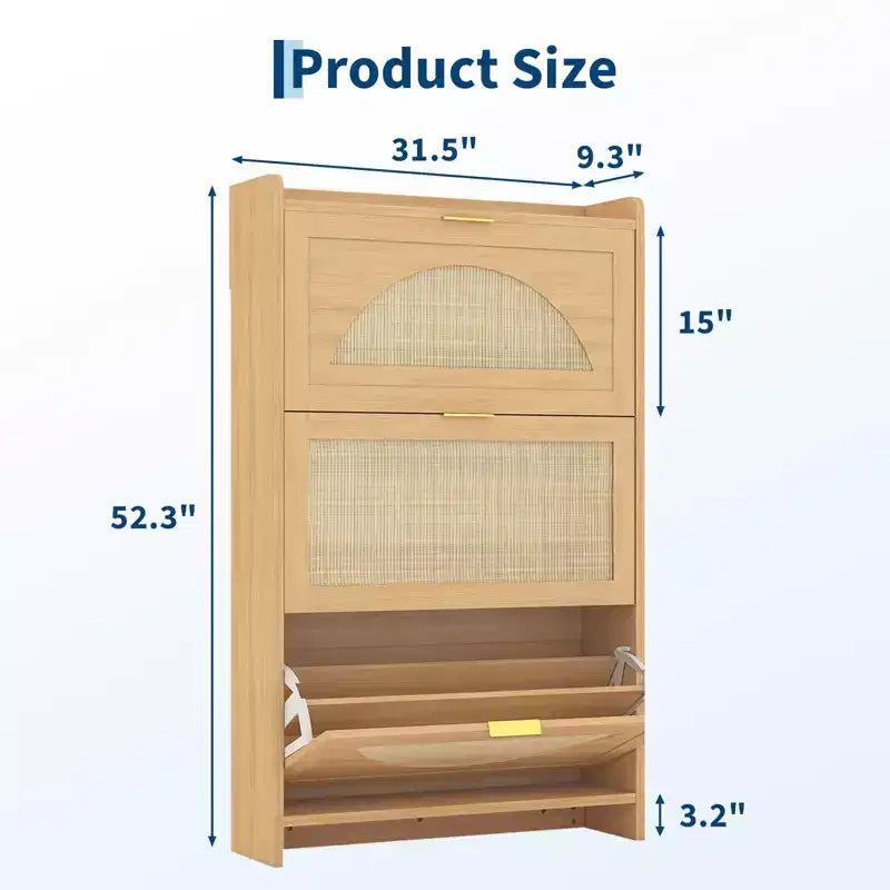 Meuble de rangement pour chaussures en rotin à 3 tiroirs basculants - Organisateur de chaussures étroit autoportant avec portes en rotin - Étagère à chaussures en bois pour entrée, couloir, hall
