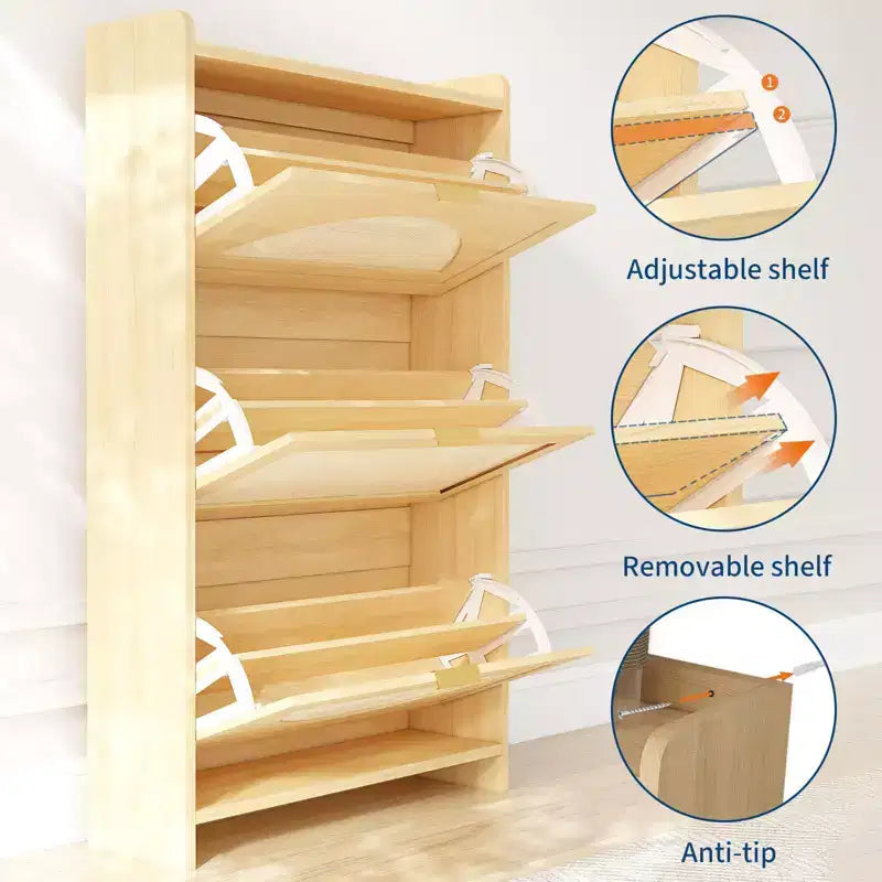 Meuble de rangement pour chaussures en rotin à 3 tiroirs basculants - Organisateur de chaussures étroit autoportant avec portes en rotin - Étagère à chaussures en bois pour entrée, couloir, hall