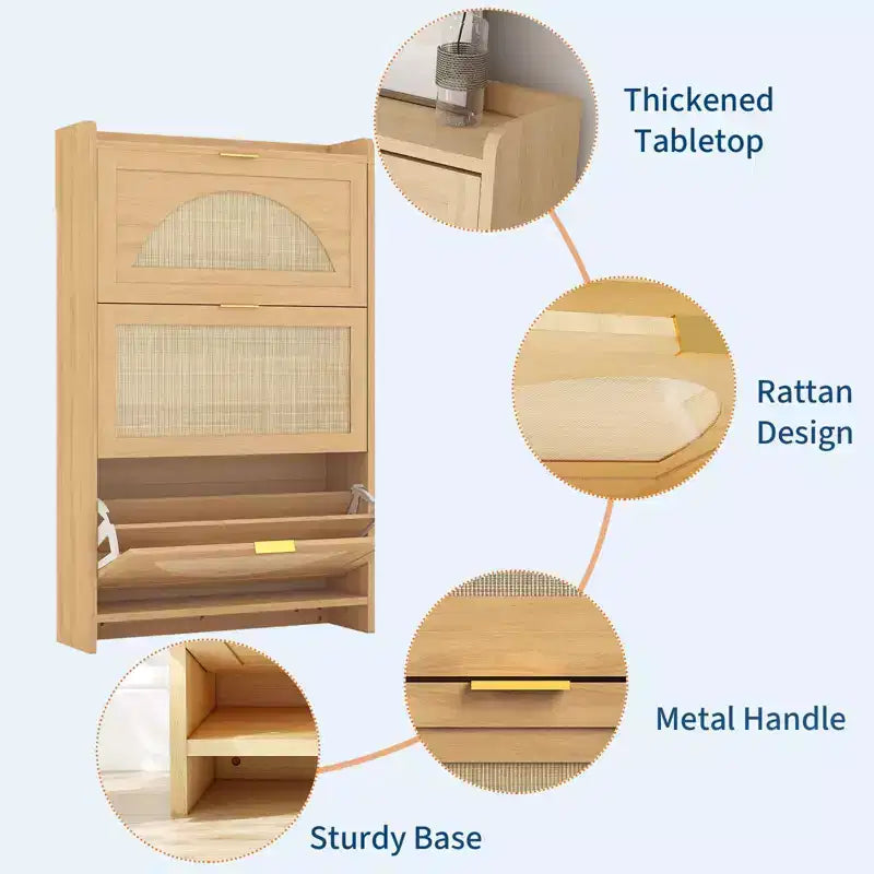 Meuble de rangement pour chaussures en rotin à 3 tiroirs basculants - Organisateur de chaussures étroit autoportant avec portes en rotin - Étagère à chaussures en bois pour entrée, couloir, hall