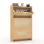 Meuble de rangement pour chaussures en rotin à 3 tiroirs basculants - Organisateur de chaussures étroit autoportant avec portes en rotin - Étagère à chaussures en bois pour entrée, couloir, hall