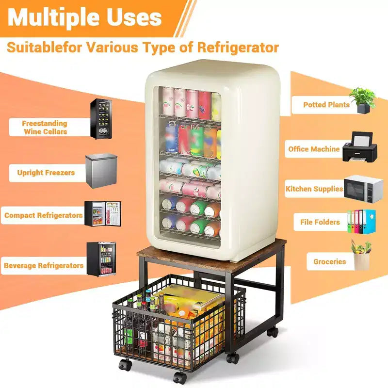 Support de mini-réfrigérateur avec chariot de rangement et roulettes pivotantes, pieds réglables, cadre métallique robuste supportant 90 kg pour la maison, le bureau, le dortoir, le café-bar