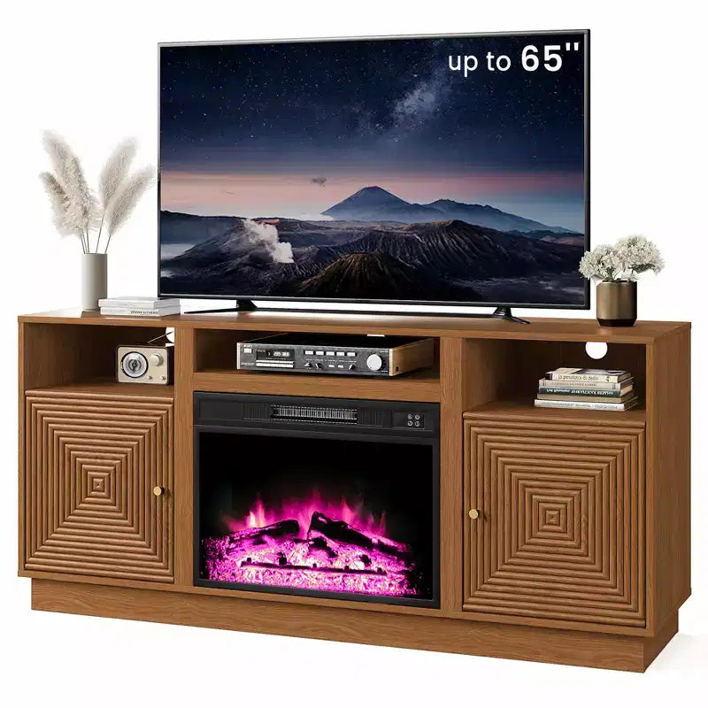 Meuble TV de cheminée Heynemo 59'' pour téléviseurs jusqu'à 65'' avec rangement et étagères réglables