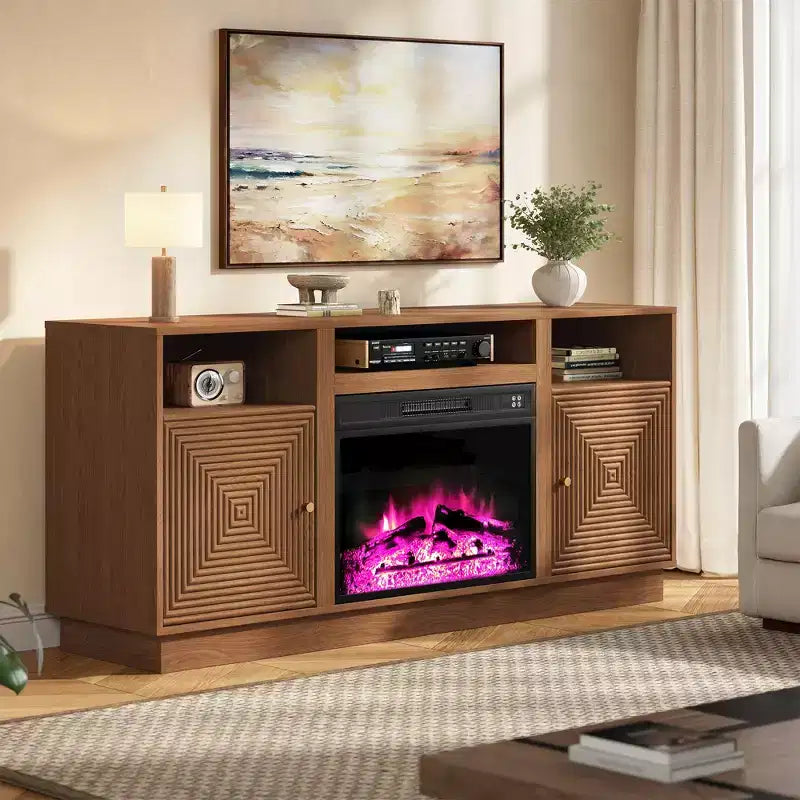 Meuble TV de cheminée Heynemo 59'' pour téléviseurs jusqu'à 65'' avec rangement et étagères réglables