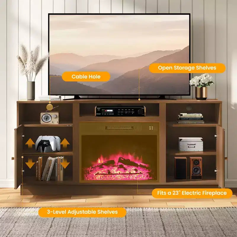 Meuble TV de cheminée Heynemo 59'' pour téléviseurs jusqu'à 65'' avec rangement et étagères réglables