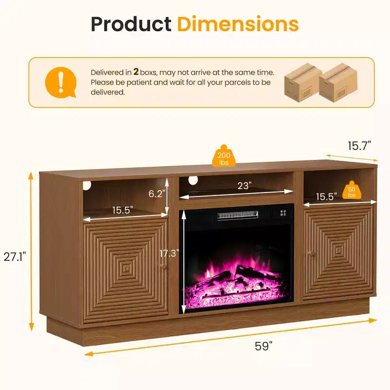 Meuble TV de cheminée Heynemo 59'' pour téléviseurs jusqu'à 65'' avec rangement et étagères réglables