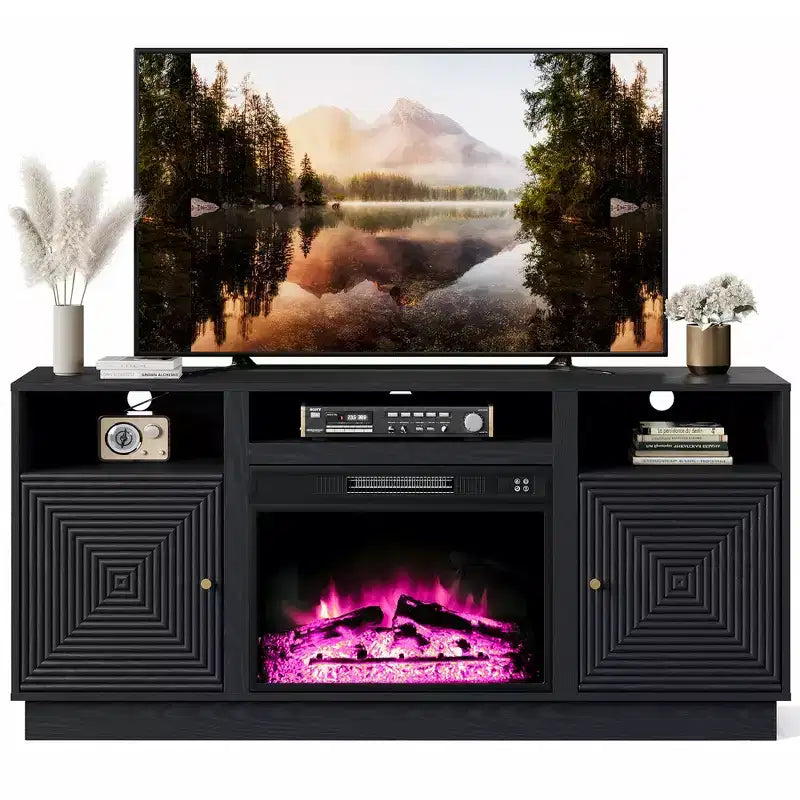 Meuble TV de cheminée Heynemo 59'' pour téléviseurs jusqu'à 65'' avec rangement et étagères réglables