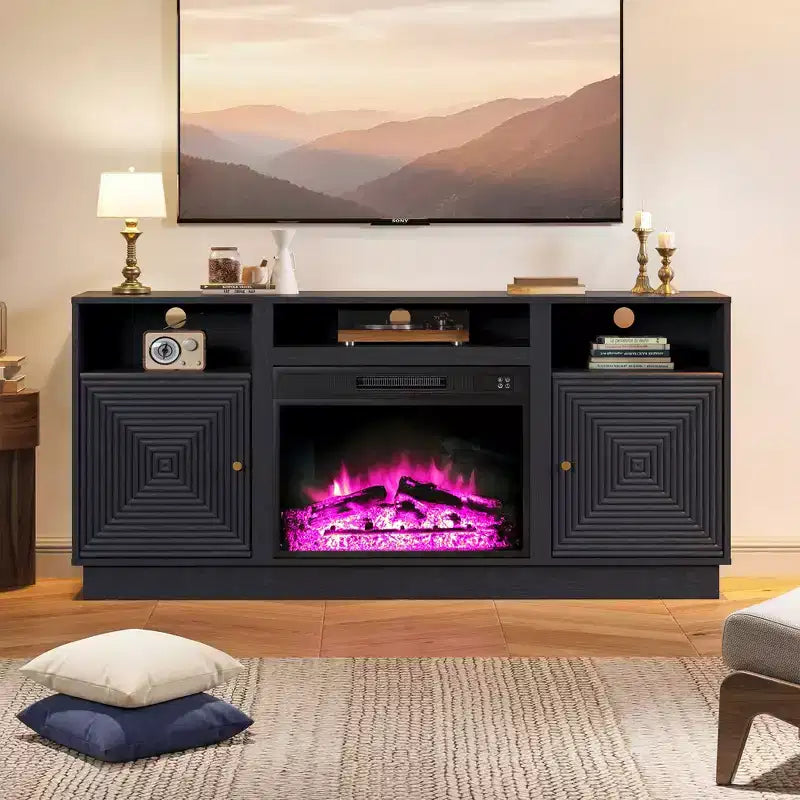 Meuble TV de cheminée Heynemo 59'' pour téléviseurs jusqu'à 65'' avec rangement et étagères réglables