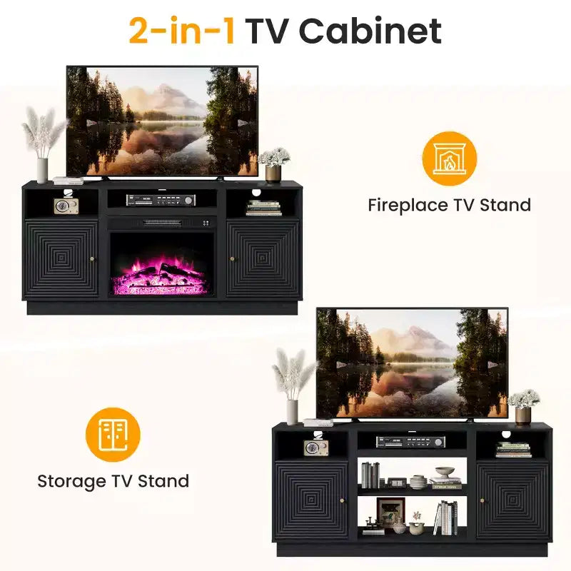 Meuble TV de cheminée Heynemo 59'' pour téléviseurs jusqu'à 65'' avec rangement et étagères réglables