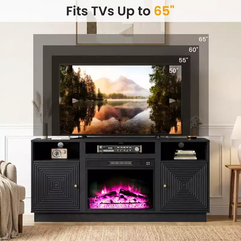 Meuble TV de cheminée Heynemo 59'' pour téléviseurs jusqu'à 65'' avec rangement et étagères réglables