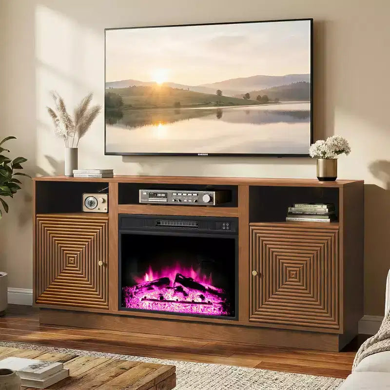 Meuble TV de cheminée Heynemo 59'' pour téléviseurs jusqu'à 65'' avec rangement et étagères réglables
