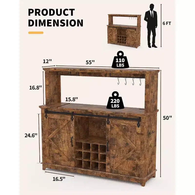 Meuble Bar-Café 55" avec lumières LED et prise de courant, porte de grange, support à verres à vin et rangement pour salle à manger