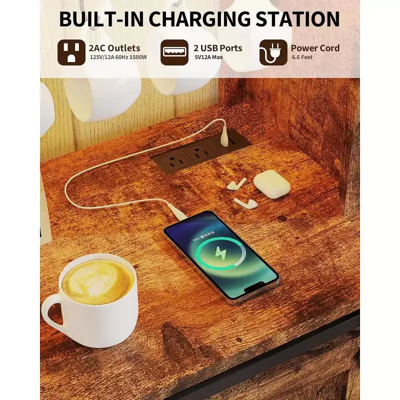 Meuble Bar-Café 55" avec lumières LED et prise de courant, porte de grange, support à verres à vin et rangement pour salle à manger