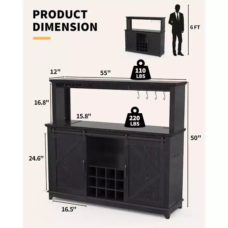 Meuble Bar-Café 55" avec lumières LED et prise de courant, porte de grange, support à verres à vin et rangement pour salle à manger